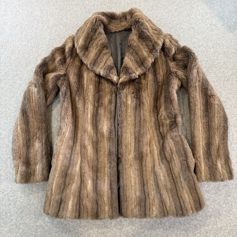 Vintage Faux Fur Coat Women Striped Mink Style Shawl Collar Mid Length Brown M